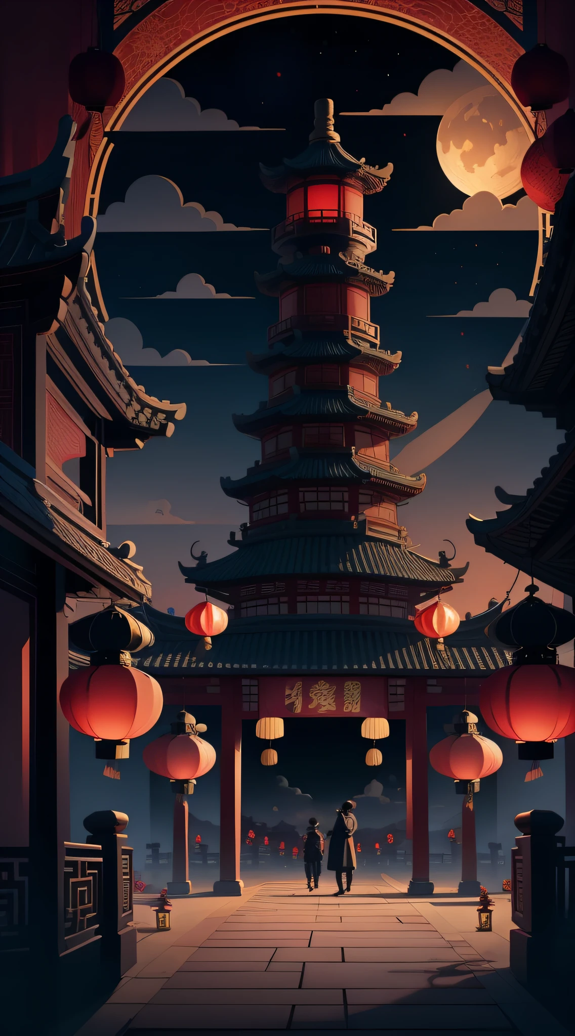 中秋节，月饼， 祥云, 红灯笼, 精美的中国古建筑, 背景是一轮巨大的月亮, 带有矢量线插图, 黄色的、红色和深蓝色色调, 抽象图片, 无人，无人，无人，超现实主义, 清晰的背景趋势, 清晰的轮廓光, 边缘光, 幻想, 斑驳的光, 平面插图,迪士尼风格, 8千, --与 9:16 --q 2 --二二 5