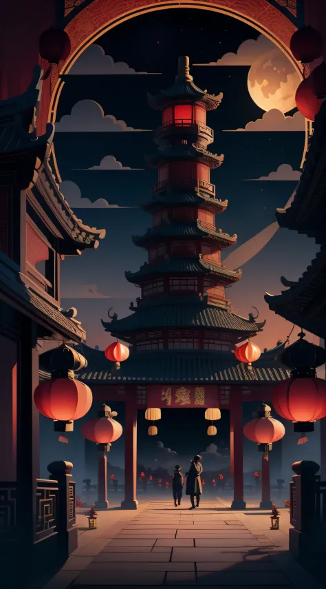 Mid-Autumn Festival，Moon cake， Auspicious clouds, Red lanterns, Exquisite ancient Chinese architecture, In the background is a huge moon, With vector line illustration, amarelo、Red and dark blue tones, Abstract picture, No Man，No Man，No Man，surrealism, Cle...