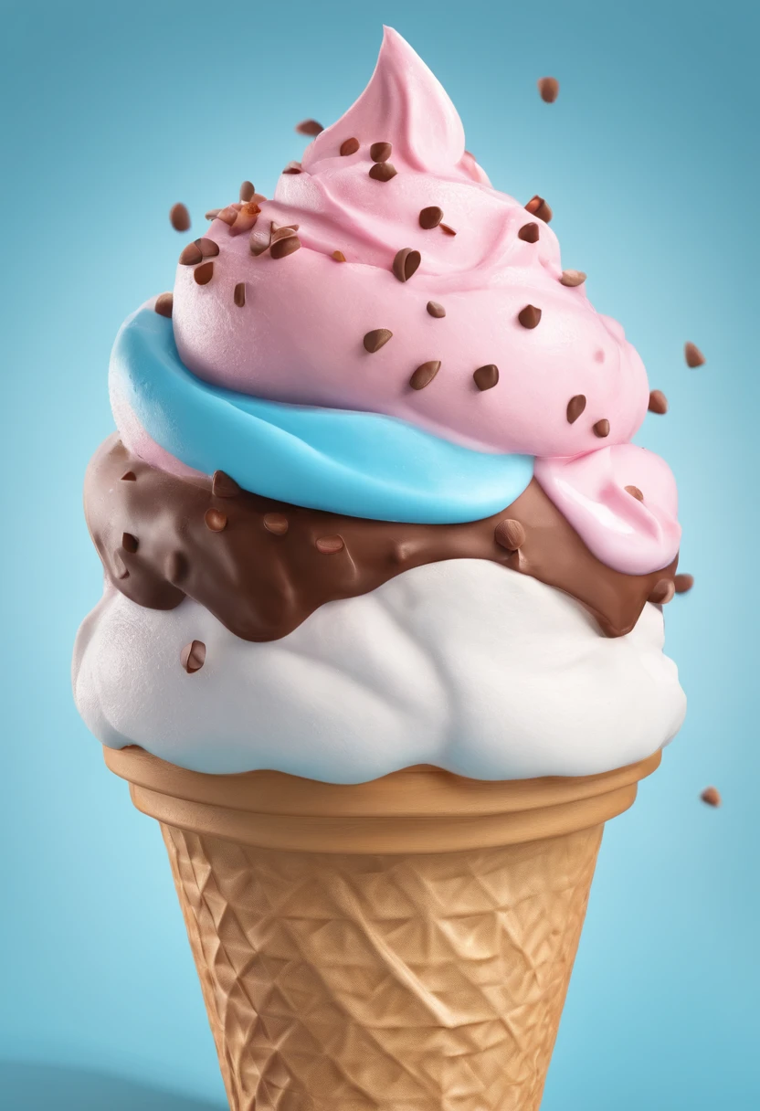 There is a large ice cream cone with a pink and blue topping - SeaArt AI