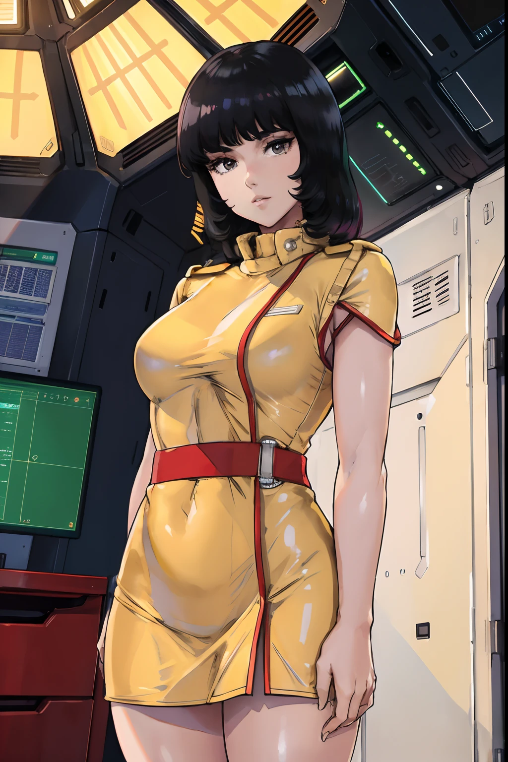 8k,(masterpiece:1.4)(best quality:1.4),(top quality), 1girl,fayuiry,black hair, black eyes, yellow dress,  uniform, inside spaceship, galaxy, window ,indoors,  standing,  looking at viewer,  solo focus,(shiny skin)