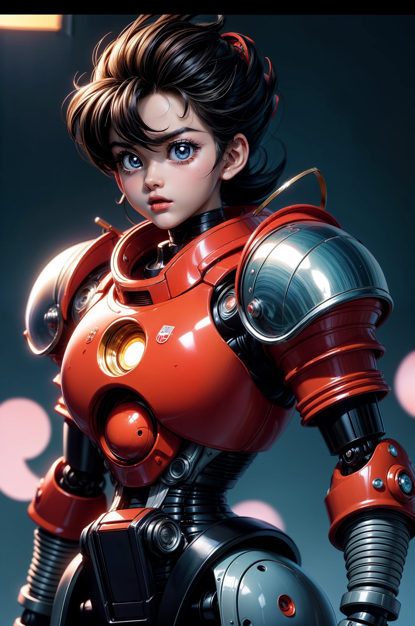 Vintage-Anime-Screenshot von Akira, Anime der 90er aesthetic. Ein süßer, hilfsbereiter Roboter aus schillerndem Metall. Anime der 90er.