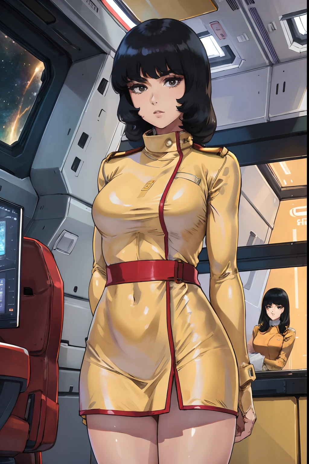 8k,(masterpiece:1.4)(best quality:1.4),(top quality), 1girl,fayuiry,black hair, black eyes, yellow dress,  uniform, inside spaceship, galaxy, window ,indoors,  standing,  looking at viewer,  solo focus,(shiny skin),steaming body ,
