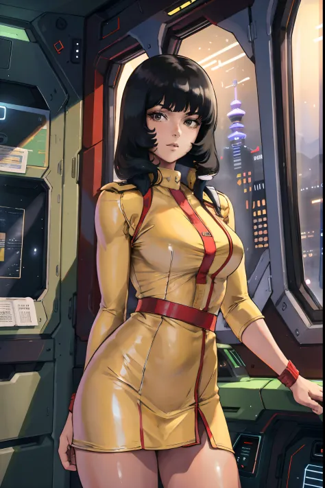 8k,(masterpiece:1.4)(best quality:1.4),(top quality), 1girl,fayuiry,black hair, black eyes, yellow dress,  uniform, inside space...