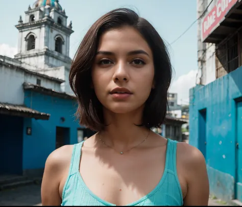 ((full body shof)) of a beautiful mature Guatemalan college girl, jortega, in cyberpunk sexy outfit, reverse bob haircut, outsid...