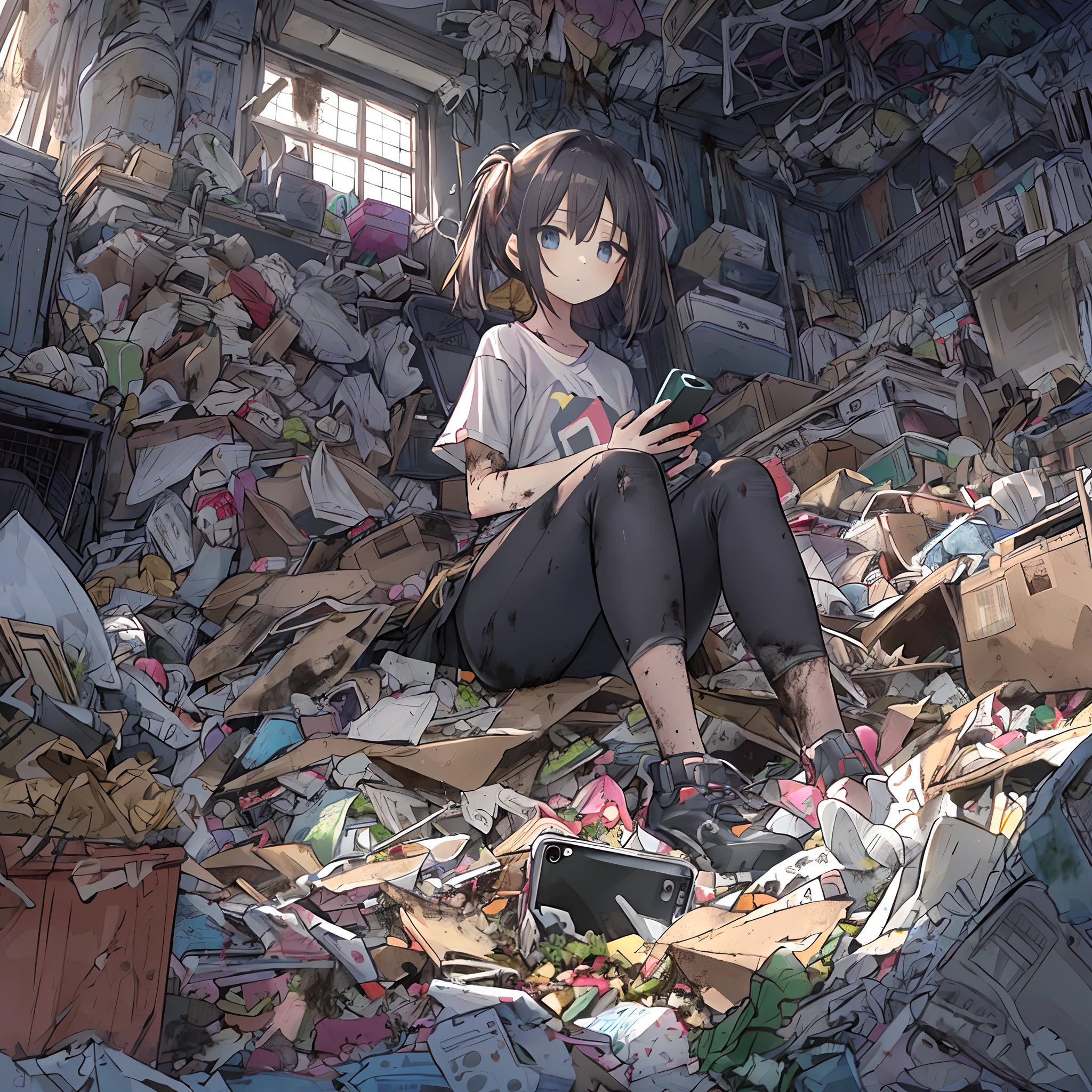 absurderes, hight resolution, (Anime style:1.1), ((masutepiece)), ((Best Quality)), (Ultra-detailed), (Beautiful), 独奏, Beautiful face、(liftup)、(Cute girl with phone sitting on garbage in incredibly dirty room:1.4)、The room is full of garbage、Garbage with rolled tissue、There are several cockroaches、,,unkempt black hair、 Black eye,Ephemeral,,Looking at Viewer,Dramatic,、(full body Esbian)、14years、((Low position,From below:1.5))、、Greasy hair、Unkempt hair、Detailed garbage pile on background、(I'm naked and wearing only a t-shirt:1.5)、darkened room、Scattering of food waste、(Surveillance cameras are mounted on the walls:1.3)