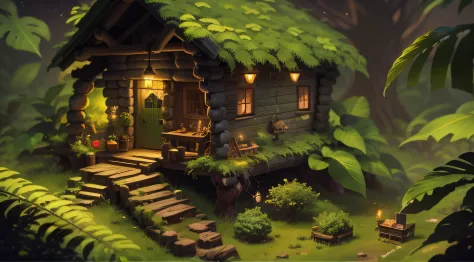 Jungle Wood Spirit，Golden-green fluorescent antennae，Cute elves，log cabin，As night fell