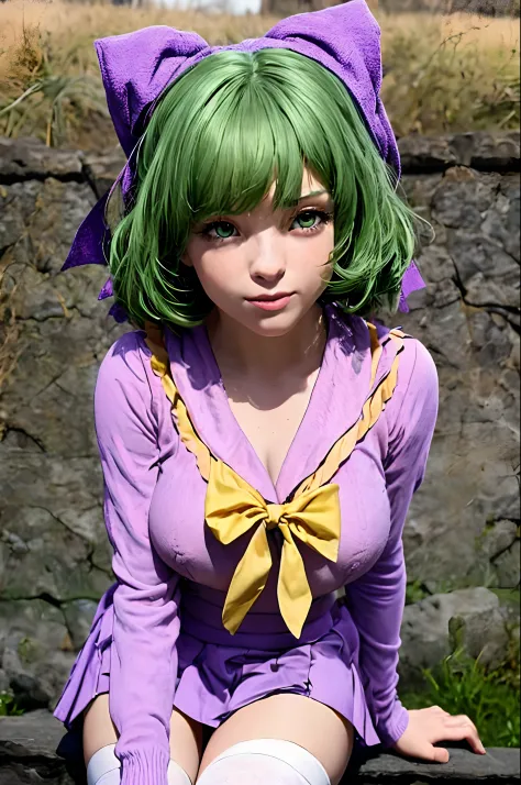 hyper-realistic style characters, green hair， greene eyes， purple bow headdress， light pink sailor suit，yellow-pink sailor colla...