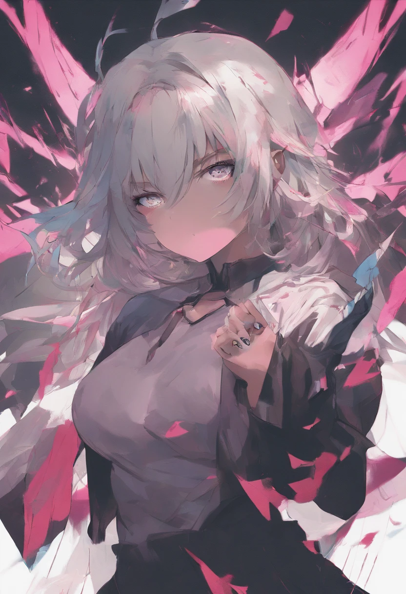 Anime girl with white hair and pink wings holding a knife - SeaArt AI