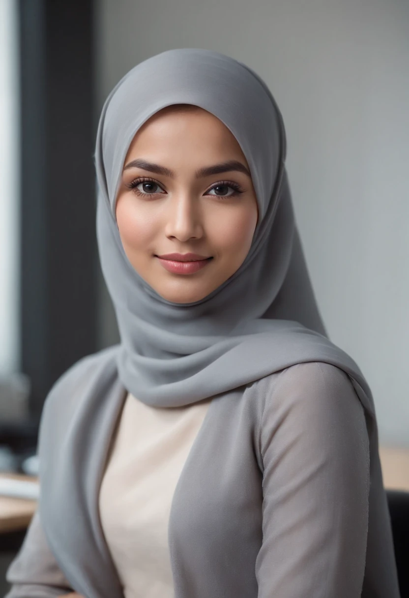 Photo portrait of a beautiful Malay girl wearing a hijab and dimples, mole in left cheek, around 21 years old, sitting on desk in the office, wide smile, (plain grey hijab), (plain black cloth and fully cover), (portrait medium shot:1.3), dramatic light, Rembrandt lighting scheme, (hyperrealism:1.2), (8K UHD: 1.2), ( photorealistic:1.2), shot with Canon EOS 5D Mark IV, facial detail, skin texture detail