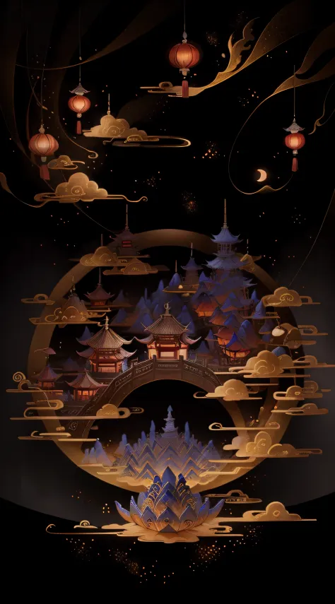 Mid-Autumn Festival，Moon cake， Auspicious clouds, Red lanterns, Exquisite ancient Chinese architecture, In the background is a huge moon, With vector line illustration, amarelo、Red and dark blue tones, Abstract picture, No Man，No Man，No Man，surrealism, Cle...