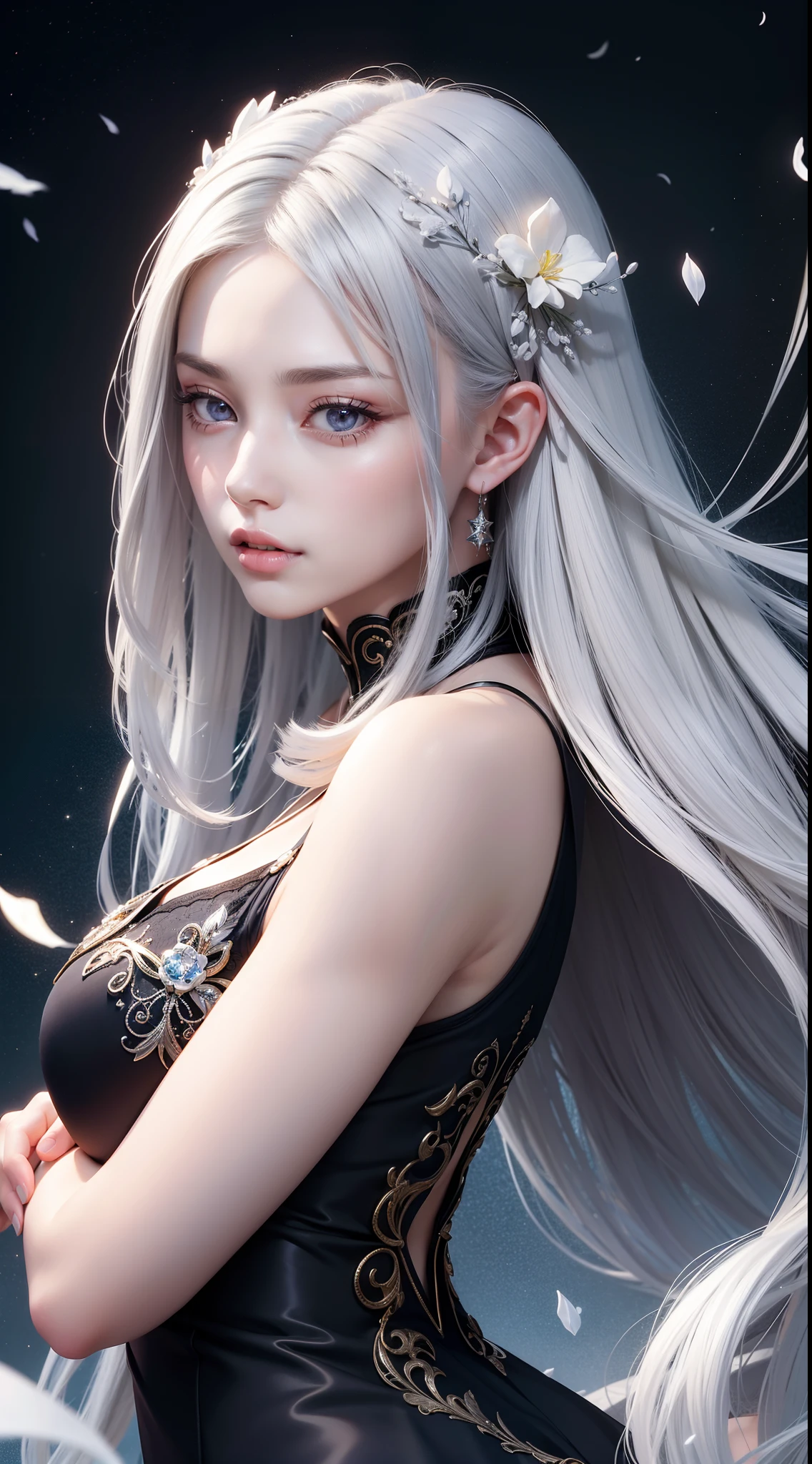 Beautiful detailed woman,very detailed eyes and faces, A detailed eye, ultra - detailed, A high resolution, The is very detailed,best qualtiy,illustratio,unified,8k wallpaper,tmasterpiece,best qualtiy,Faraway view，1girll，full bodyesbian，looki at viewer，face to the viewer，Flowing white hair，Long gray hair，black long dress，abstract backgrounds：Gorgeous，spark of light，Random dynamic pose，Surreal 8000 grams，Impeccable，tmasterpiece，professionalartwork，famousartwork，light，cinematicbloom，Perfect face，beautifulface，fanciful，dream magical，Not real，intricately details，delicate patterns