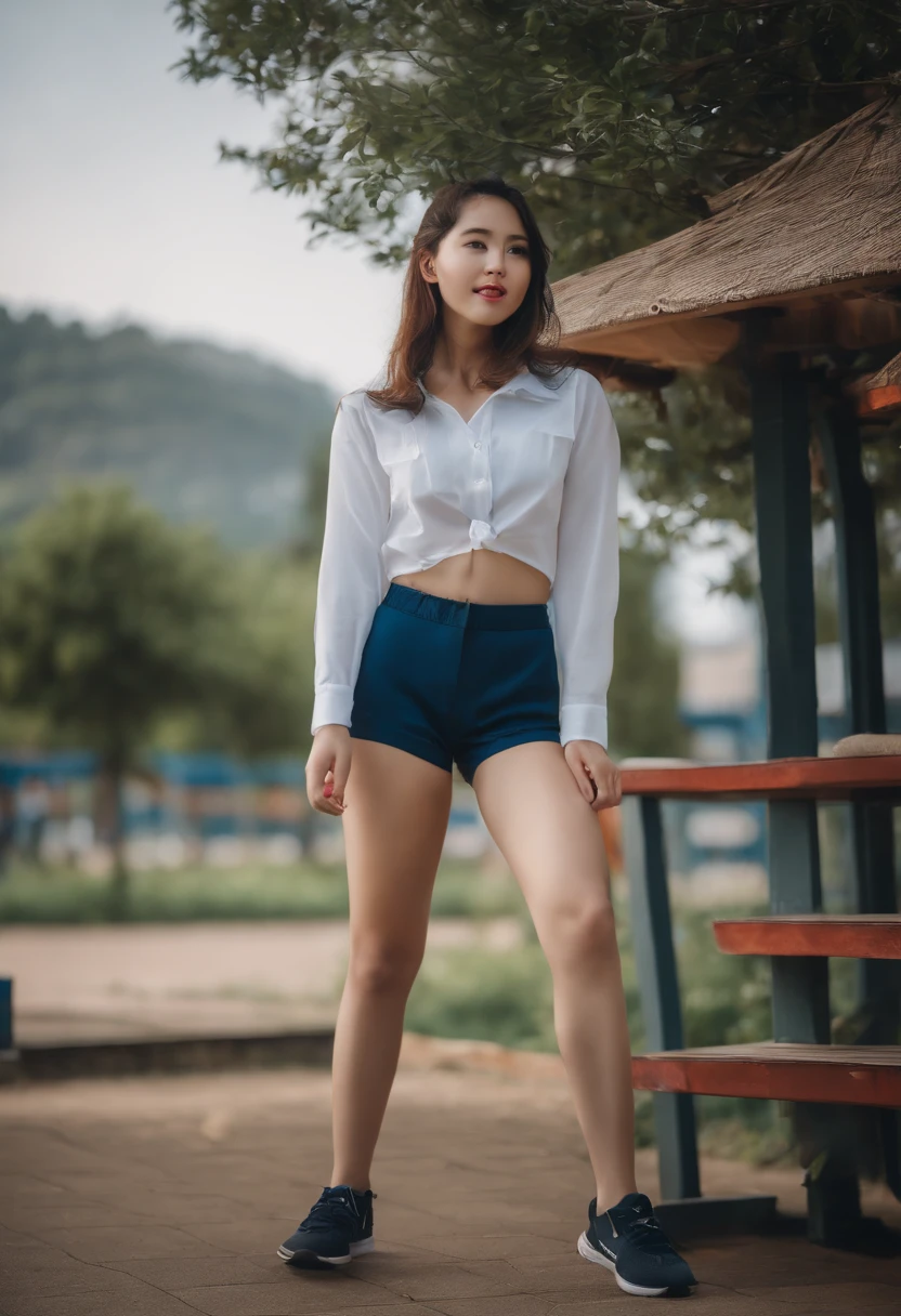 A woman in a white shirt and blue shorts posing for a picture - SeaArt AI