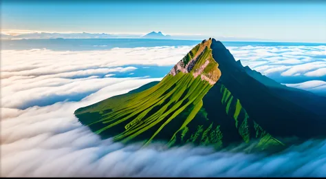 photograph of a composition with a bird's-eye view of five mountain peaks on a green island covered with vegetation floating in ...