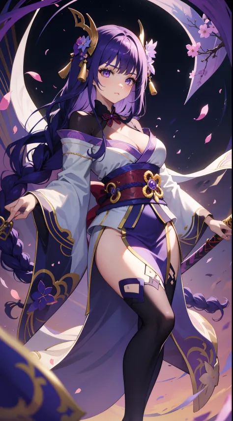 1womanl，Gorgeous Hair in Long Purple，Sexy kimono，Divinity，black lence stockings，katana swords