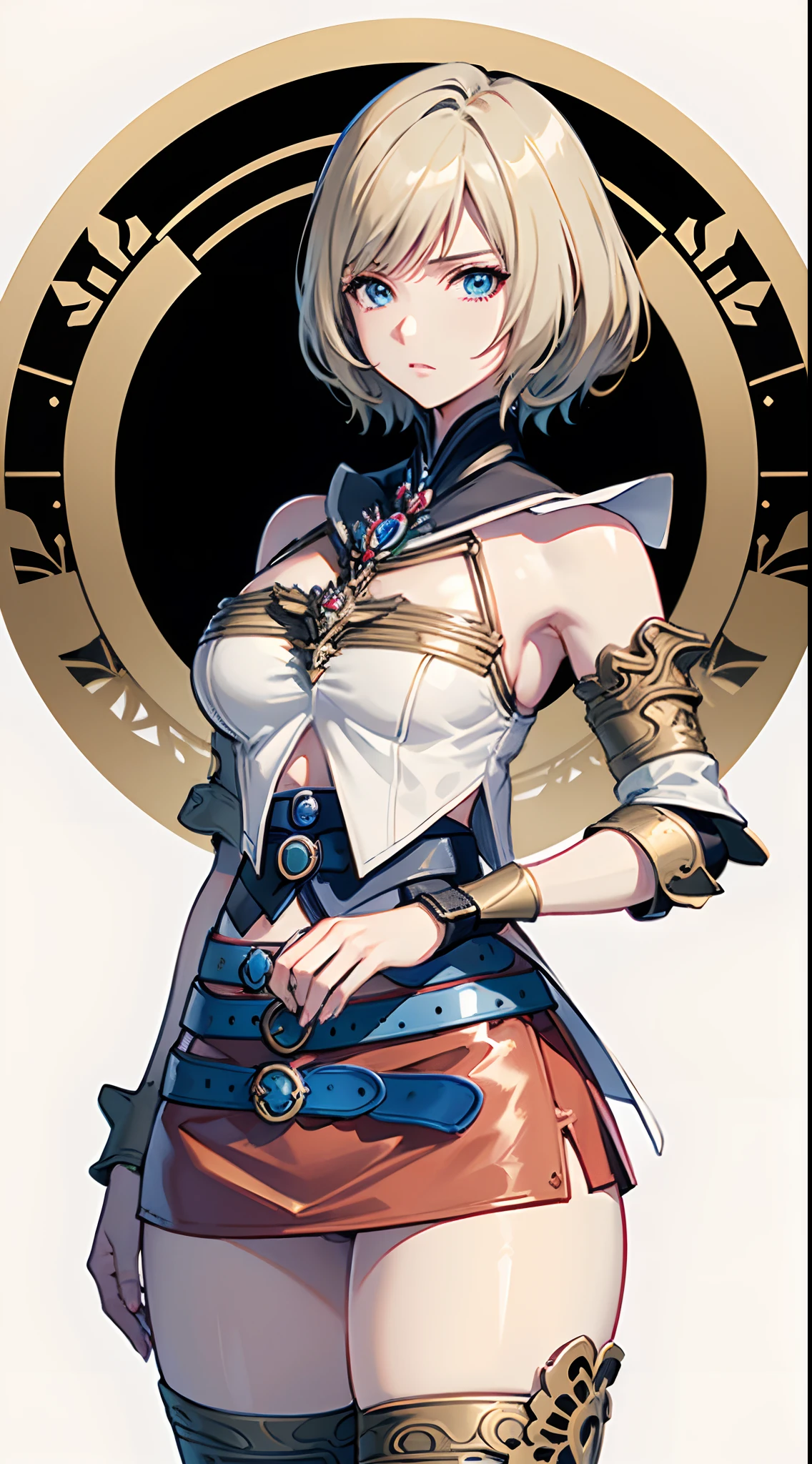 cowboy  shot,(the golden ratio,masutepiece, of the highest quality, Best Quality, Official art, Beautiful and aesthetic:1.2), ighly detailed, Colorful,highest details,Illustrations, fantastical scenes, (Adults,age19,1girl in, Solo, Final Fantasy 12,Ashelia, shorth hair, short-hair,Ashelia Costume, Colossal tits, a miniskirt,knee sox, thighs thighs thighs thighs, jewely, Blue belt,Number on one of the belts),Line of action,  I'm worried, (White background:1.3)