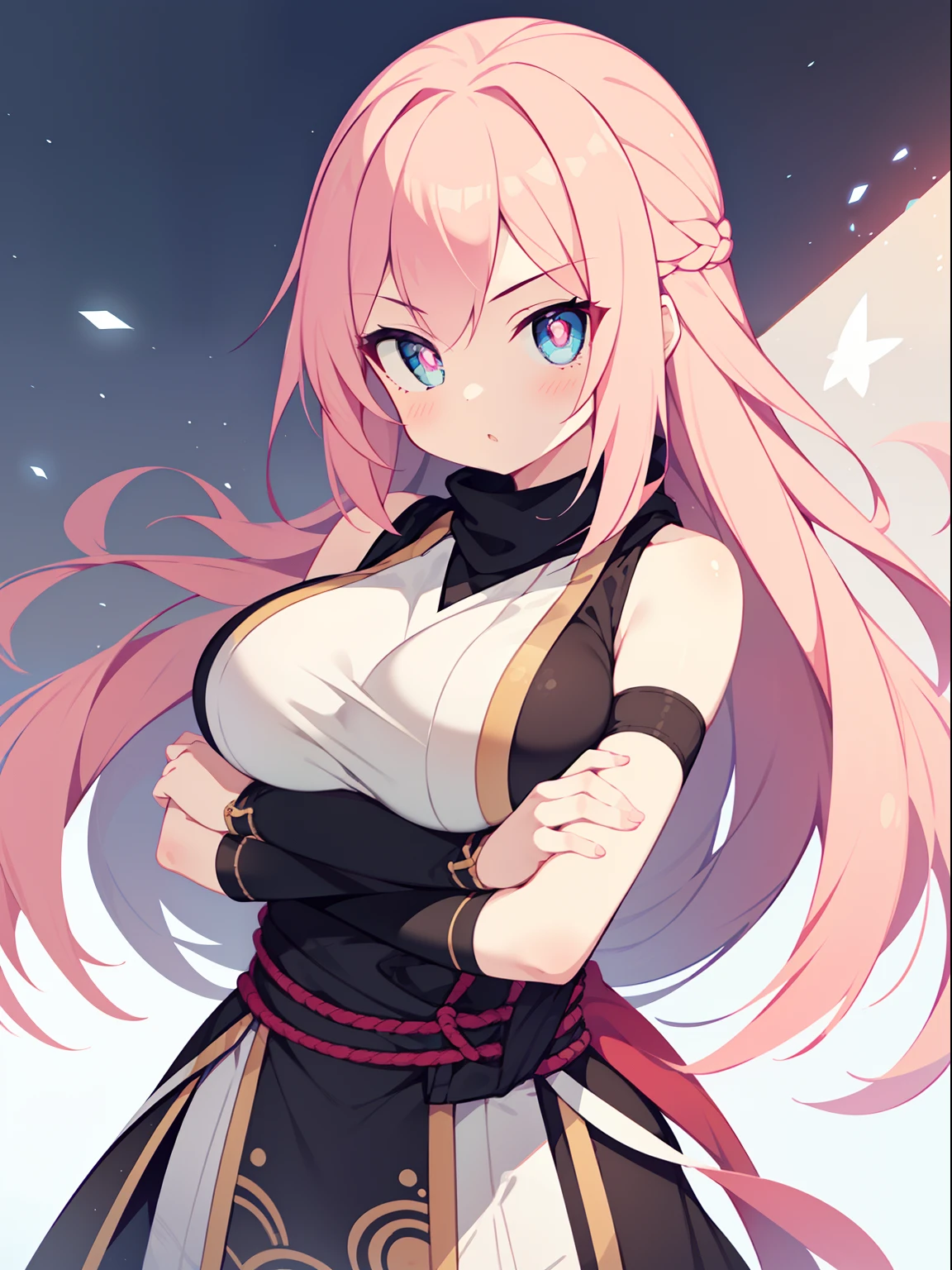 (1girl in:1.2), (Solo:1.2), masutepiece, nffsw、Shaders、Brilliant Textured Work、Ultra-detailed eyes、ultra-intricate pupil in eyes、top-quality、Pink hair、surprisingly long hair、Standing Picture、Ninja clothes、large full breasts、Arms crossed、Throw shurikens、