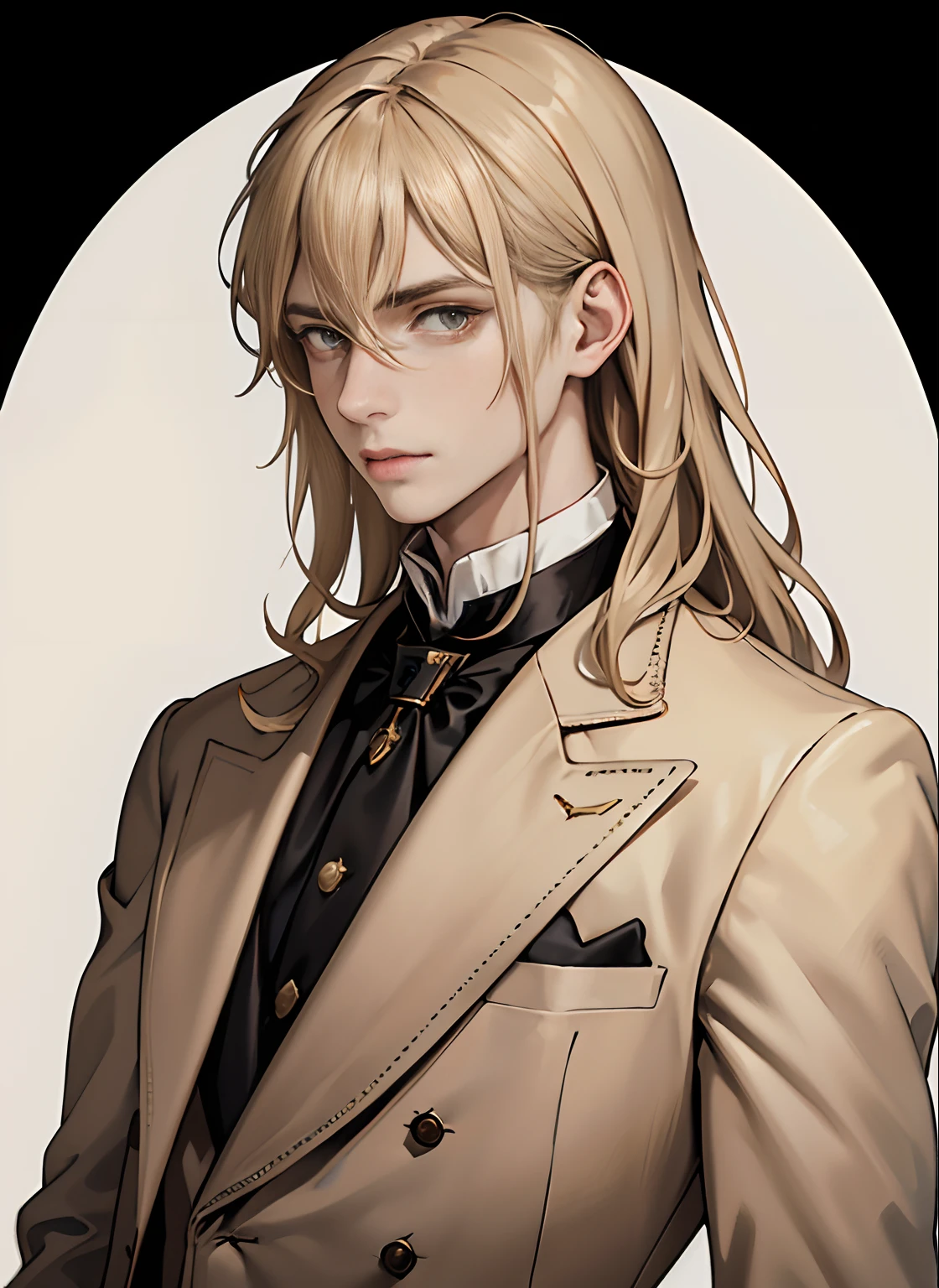 portrait of a man in his 20s, 28 years old man, mysterious, melancholy, standing, above the waist, hands down, ((beige three-piece suit)), ((hair between eyes)), long side hair, bangs, ((looking at the viewer)), messy hair, shoulder length hair, beige hair, pale skin, dark brown eyes, (((gender-neutral))), game graphic, white background, late 19th century