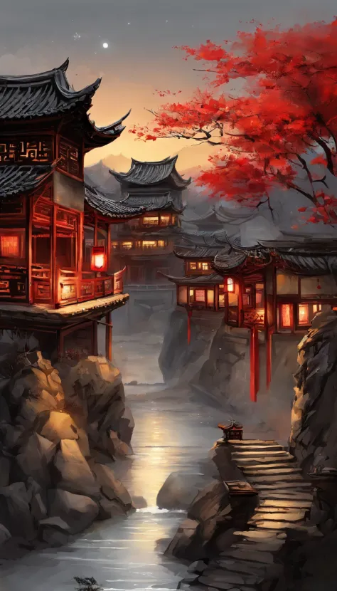 Chinese landscape painting，ink and watercolor painting，water ink，ink，Smudge，Faraway view，Ultra-wide viewing angle，Meticulous，Night view of ancient Chinese town，Old town street，Stone paved stone paths，There are some pedestrians，loft，Multiple red lanterns，Sm...