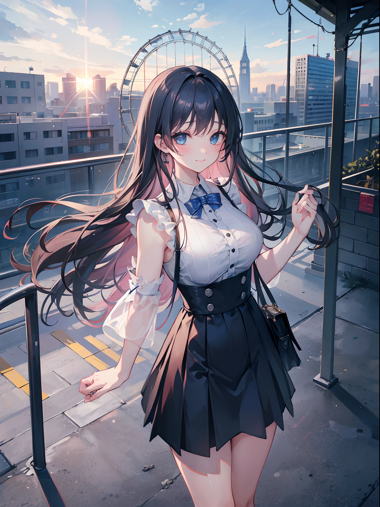 (masterpiece:1.2) (best quality) (detailed) (intricate) (8k) (HDR) (wallpaper) (cinematic lighting) (sharp focus),1girl, building, chain-link_fence, fence, skyscraper, cityscape, ferris_wheel, blue_sky, city, racket, sky, blush, tennis_racket, skyline, rooftop, architecture, smile, day, east_asian_architecture, lens_flare, tower, bridge, house, open_mouth, real_world_location, Abigail