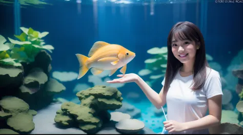 girl with, 独奏, a smile, dressed casually, Aquarium background - SeaArt AI
