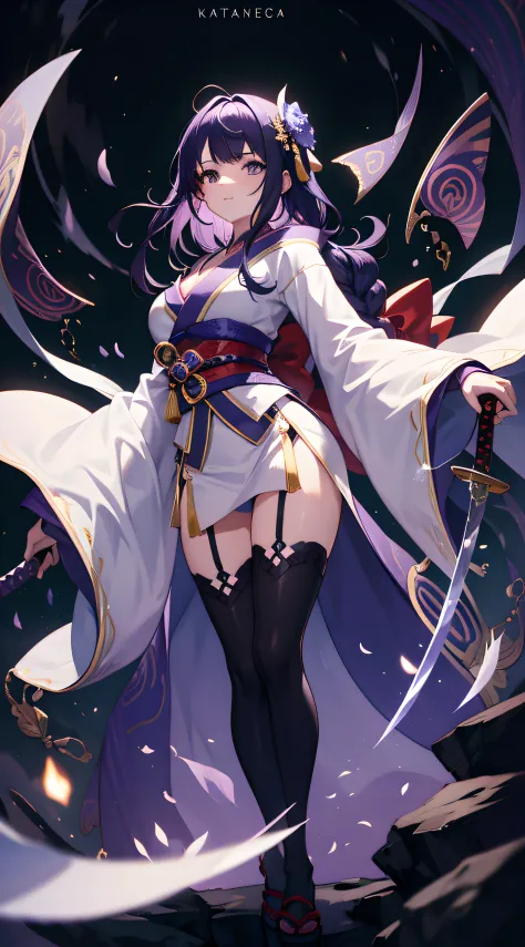 1womanl，Gorgeous Hair in Long Purple，Sexy kimono，divinity，black lence stockings，katana swords，Hold the knife handle with your left hand，The right hand is not exposed，Slightly sideways