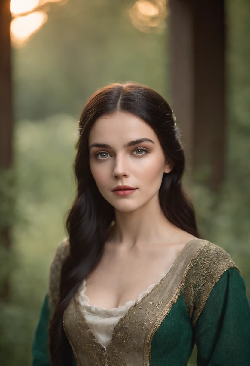 fair complexion, woman around 19 years old, natural black hair, distinctive green eyes, wearing kohl, slender and graceful, beautiful, candlelight in a medieval setting, ultra sharp focus, realistic shot, medieval female clothes, tetradic colors