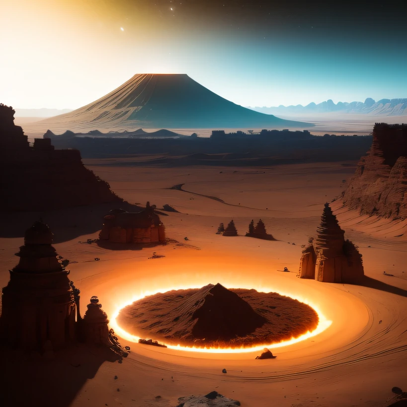 Alien base (Very detailed) In the mountainous desert，There are several exhaust fans and chimneys, Some spotlights come out of the base to illuminate dark places, (Extreme nights), Some clouds in the night sky, Some of the surrounding planets provide air to unknown planets，The farthest giant volcano is erupting