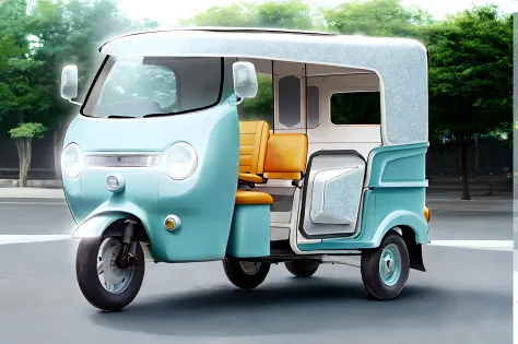 Three-wheeled tuk-tuk，White car paint shape，Rich shapes，Overall roundness，Drive on the streets of Cambodia。