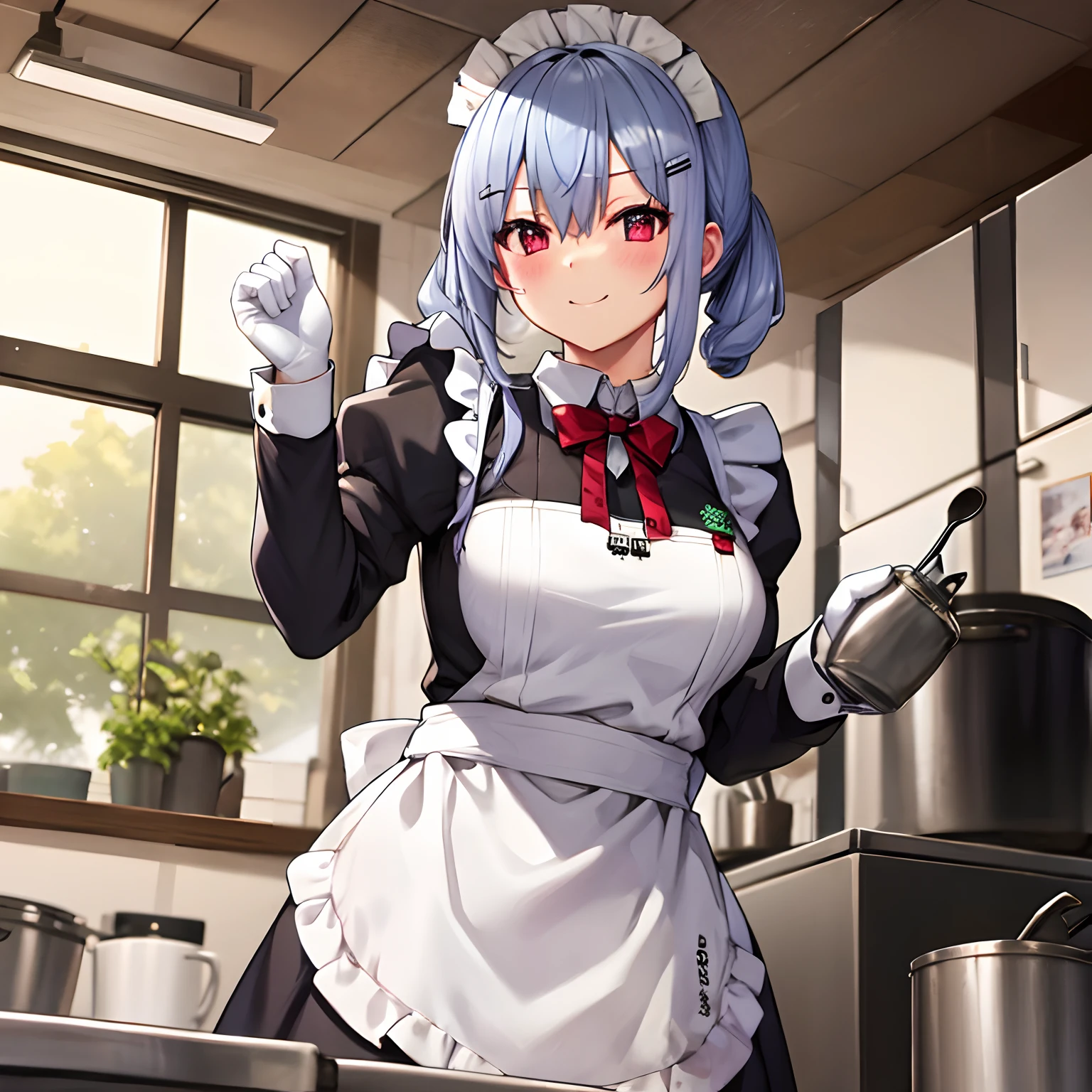 White hair, maid costume, kitchen