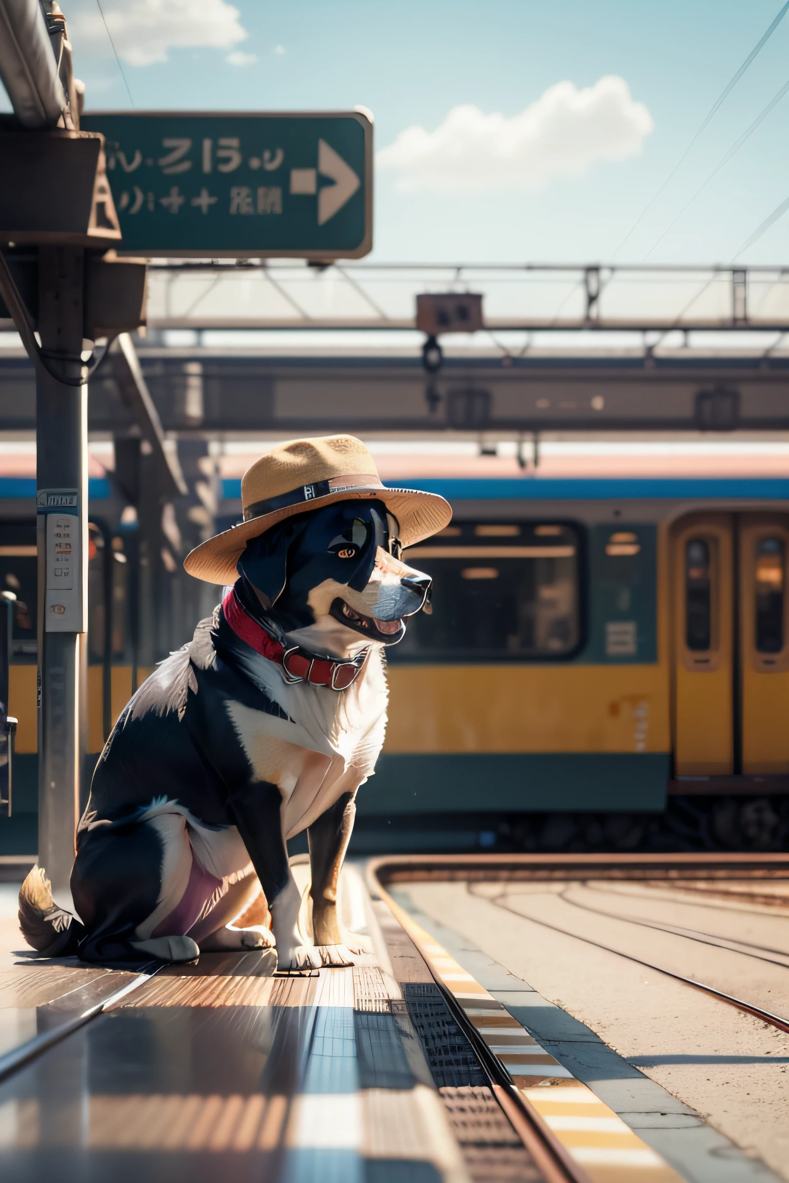 a dog, waiting in The station train waring luffy hat  -imagine - --auto --s2