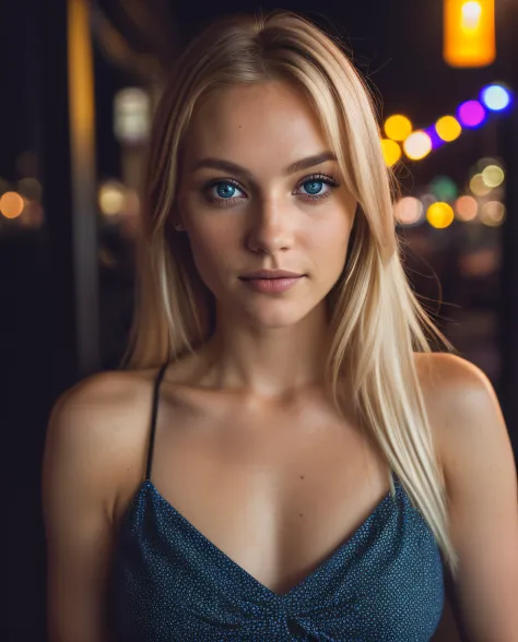 (selfie shot, from above: 1.4), (half-body portrait: 1.4), 24-year-old blonde (blue-eyed woman) walking in a bar RAW uhd portrait photo, natural breast_b, city background at night, (yellow sundress), (crack), detailed (texture!, hair!, shine, color!!, flaw...