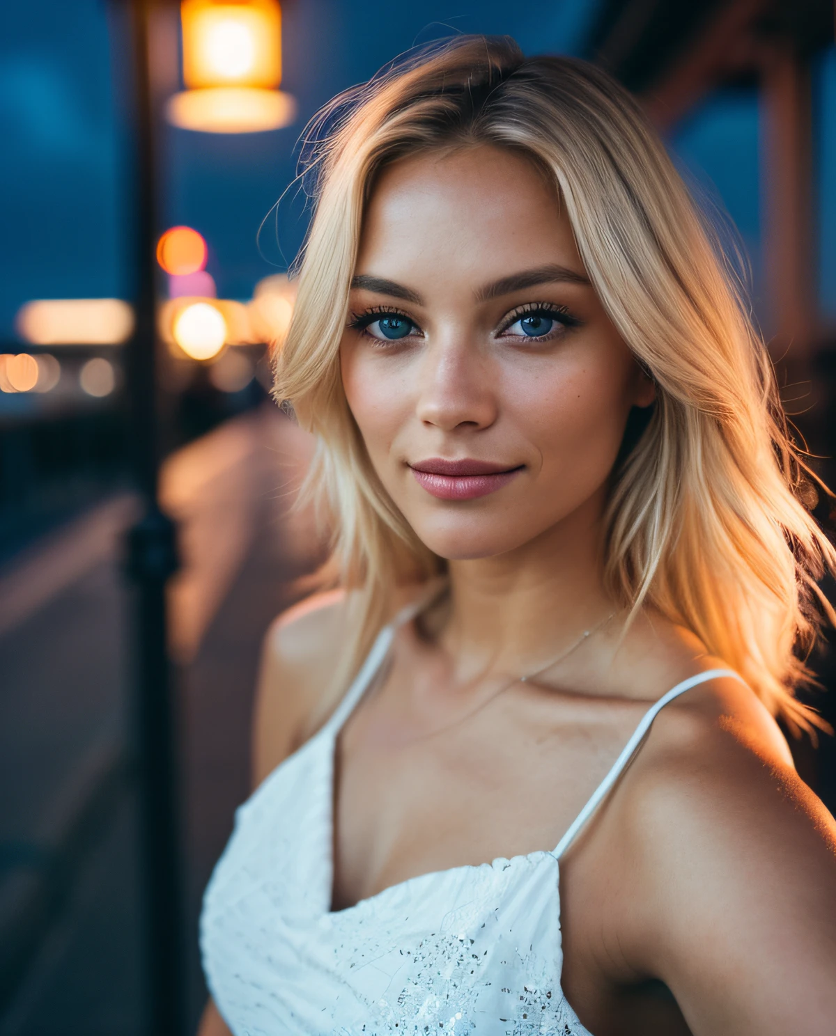 (selfie shot, from above: 1.4), (half-body portrait: 1.4), 24-year-old blonde (blue-eyed woman) walking in a bar RAW uhd portrait photo, natural breast_b, on the pier, (yellow sundress), (crack), detailed (texture!, hair!, shine, color!!, flaws: 1.1), highly detailed glowing eyes, (looking at camera), specular light, dslr, extreme quality, sharp focus, sharp, dof, Film grain, (centered), Fujifilm XT3, crystal clear, center of frame, cute face, sharp focus, street lamp, neon lights, bokeh, (dark light), low key, night, (night sky ) detailed skin pores, oil Dark skin, brown, complex eye details