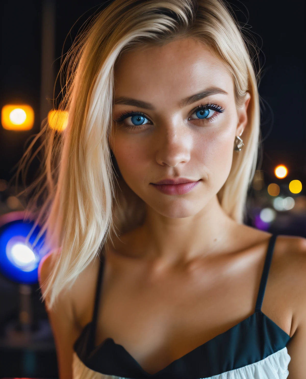 (selfie shot, from above: 1.4), (full-body portrait: 1.4), 24-year-old blonde (blue-eyed woman) walking in a bar RAW uhd portrait photo, natural breast_b, on the bed, (yellow sundress), (crack), detailed (texture!, hair!, shine, color!!, flaws: 1.1), highly detailed glowing eyes, (looking at camera), specular light, dslr, extreme quality, sharp focus, sharp, dof, Film grain, (centered), Fujifilm XT3, crystal clear, center of frame, cute face, sharp focus, street lamp, neon lights, bokeh, (dark light), low key, night, (night sky ) detailed skin pores, oil Dark skin, brown, complex eye details, zoom out