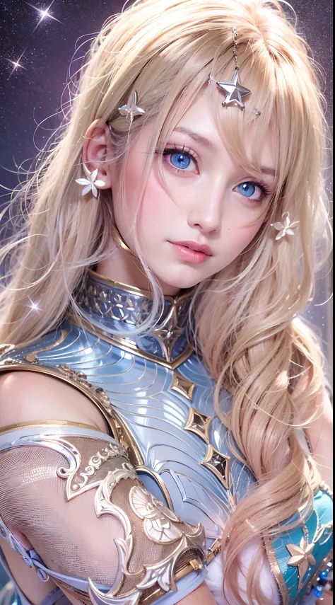 Tin armor gloves，Tall girl，（Long blonde hair 1.3，Details Hair 1.3，wavy and long hair），"Light blue eyes 1.2，The pupils shine with shining stars"，Fine depiction of facial skin，seduct smile，Realistic style photos，high high quality，Look down