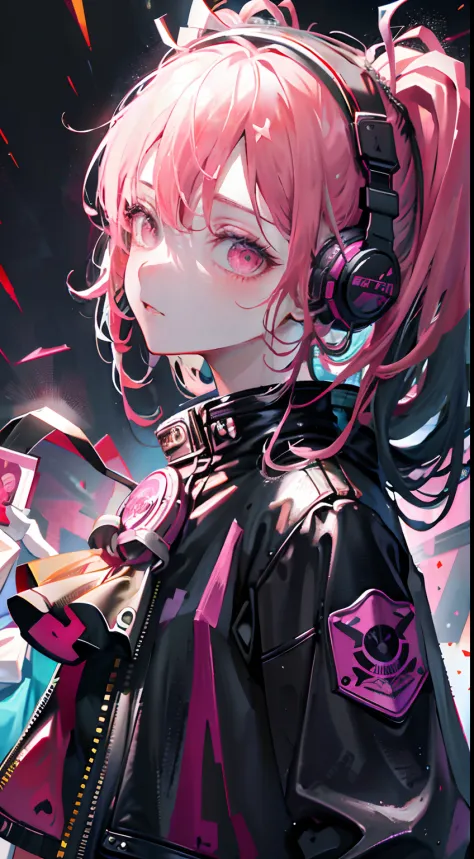 masutepiece, best quality, colorful, pink teenager|black pigtails wearing detailed leather jacket and anime t-shirt touching tra...