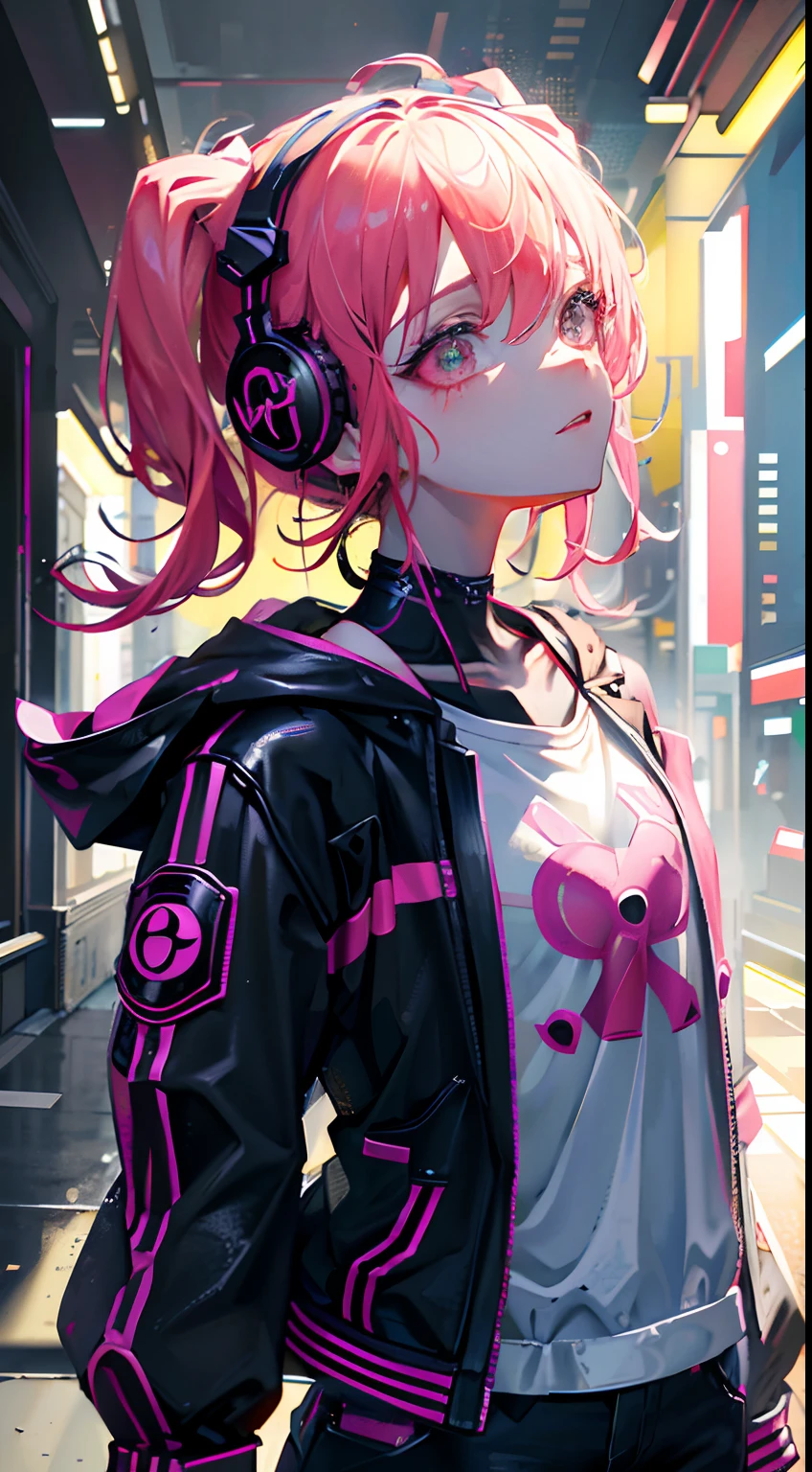 masutepiece, Best Quality, Colorful, Pink teenager|Black pigtails wearing detailed leather jacket and anime t-shirt touching translucent panels, In dark voids filled with small intense particles of light,   Jacket from the shoulder, Front floating screen, Dramatic viewing angles, Dynamic Pose, (Close-up of face focus:1.2), Neon Detailed Headphone Earrings Cat

See all

depth of field, High resolution, Extremely complex details, Dramatic shadows, Global Illumination