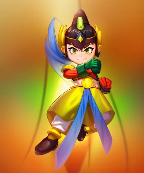 a cartoon boy in a yellow and green outfit is running, chinese warrior, nanquan, inspired by Fan Kuan, xianxia hero, toonix character, guan yu, hero action pose, mapo tofu cartoon, official illustration, qiangshu, tang mo, chibi, nezha, bian lian, hero 2 d...