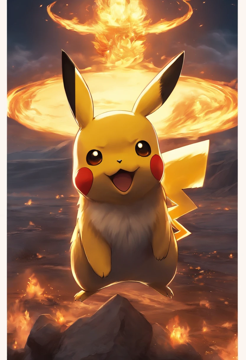 Un pikachu de dibujos animados sentado encima de una roca frente al fuego -  SeaArt AI