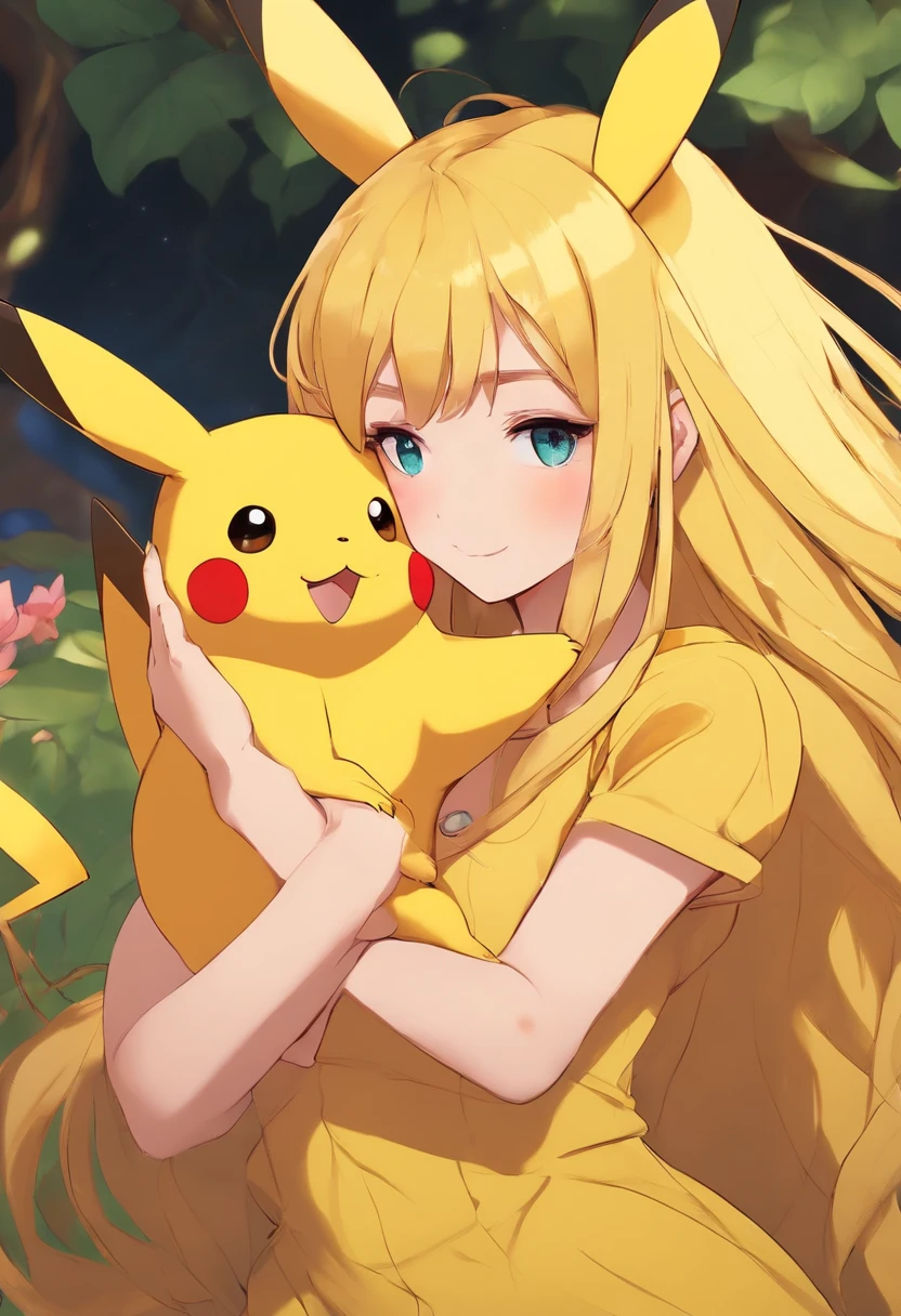 Girl with long yellow hair and short skirt holding a playful and cute Pikachu