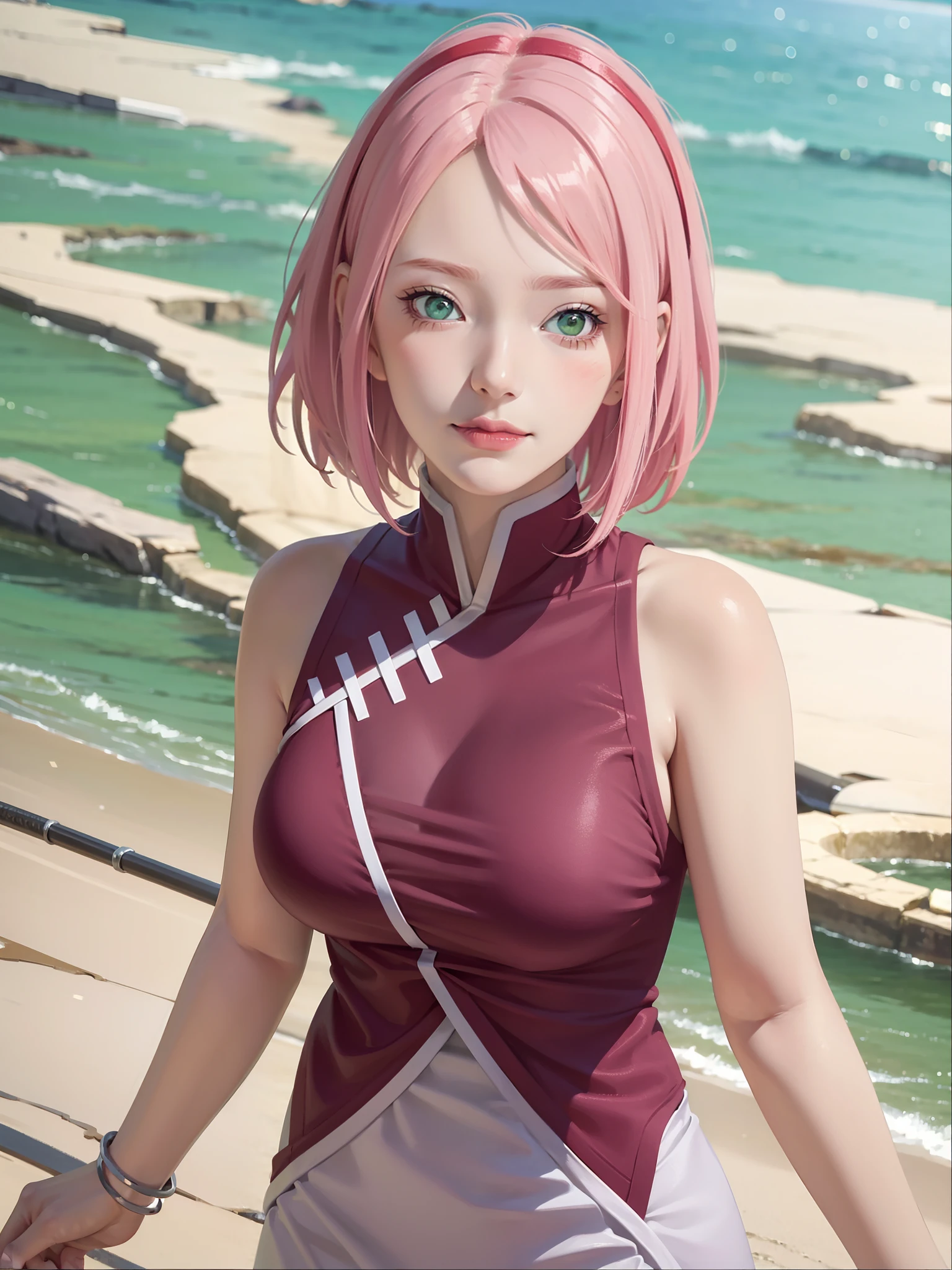 1girl, sakura in anime boruto, short hair, pink hair, green eyes, smile, beautiful, sexy dress, sexy clothes, red clothes, very big breast, realistic clothes, detail clothes, outdoor background, ultra detail, realistic