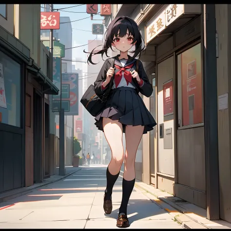 this is a picture of a school girl walking in the streets, masterpiece, 8k, very highly detailed street background, extremely de...