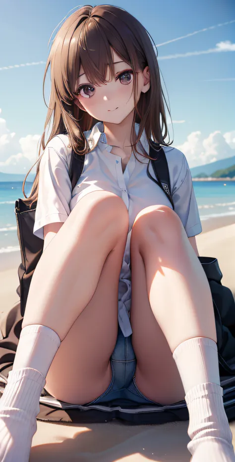 ultra-detailliert, hight resolution, (Realistic, Photorealistic: 1.4), 8K, Raw photo, (masutepiece), (Best Quality), physically-based renderingt, Female college student, long brown hair, Korea, Beach, Unbuttoning socks and looking at them_white_Shirt