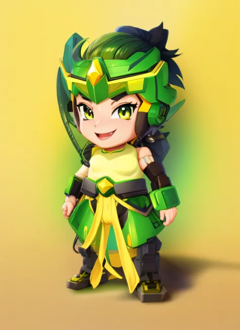 cartoonish proportions, smile, high detail, yellow and green color armor, single wing, black hair, black eyes