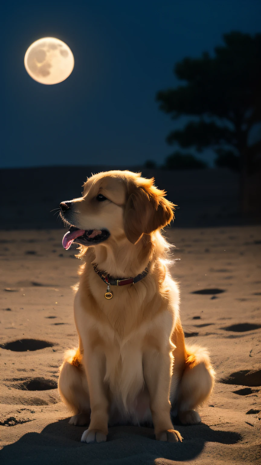 A golden retriever on a moonlit night on the steppe