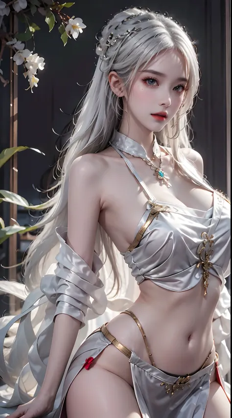 photorealistic, high resolution, soft light,1women, solo, hips up, (detailed face), jewelry, outfit-skyline, white hair, shidudou