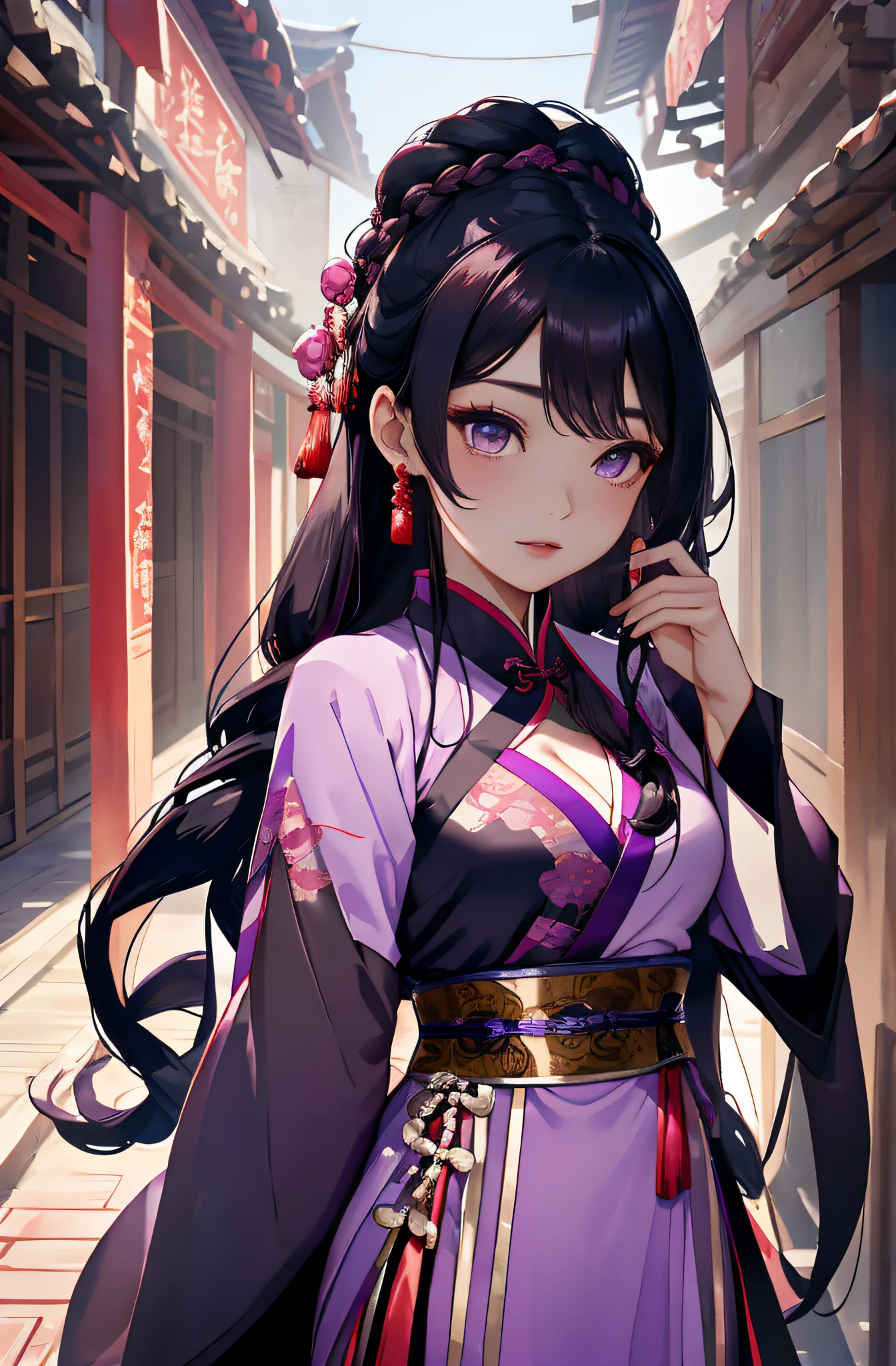 tmasterpiece，A woman who is，Raised sexy，closeup cleavage，Wear purple tulle，Chinese Hanfu，Chinese Traditional Cloth，Black braided hair，Behind is the courtyard，dynamicposes，closeup faces