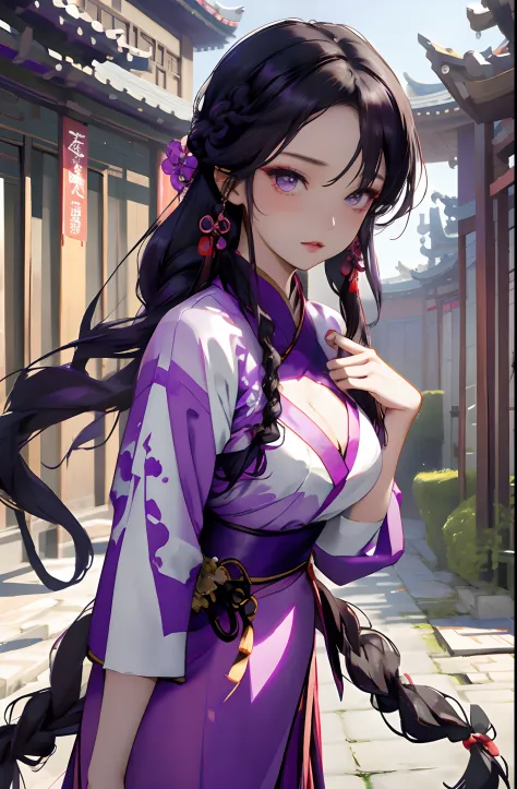 tmasterpiece，A woman who is，Raised sexy，closeup cleavage，Wear purple tulle，Chinese Hanfu，Chinese Traditional Cloth，Black braided...