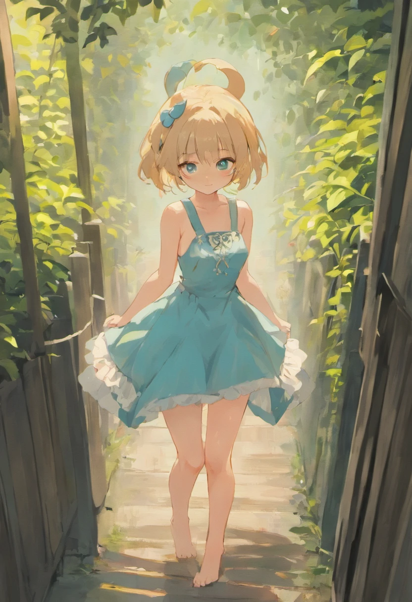 一幅画，画中一位身穿蓝色连衣裙的女孩沿着小路行走- SeaArt AI