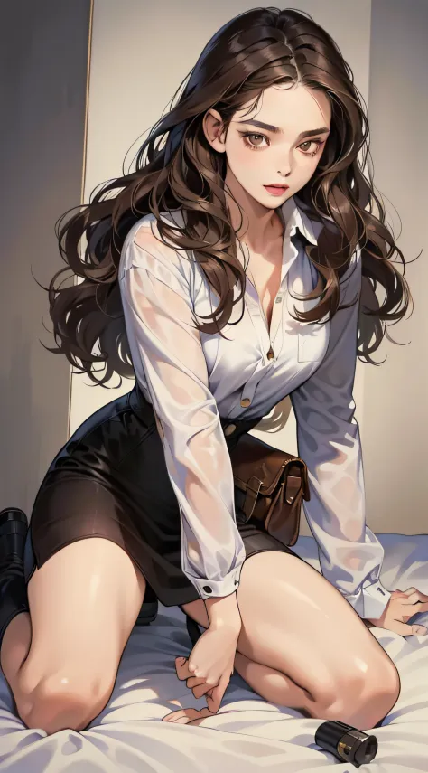 Masterpiece, best quality, realistic, 1woman, quiet, calm and pretty young woman, 23 years old, ((close mouth)), extremely detailed, a little distance, full body ((dark brown eyes)), ((wavy with bang brunette hair)), with gun, acurate, 4K