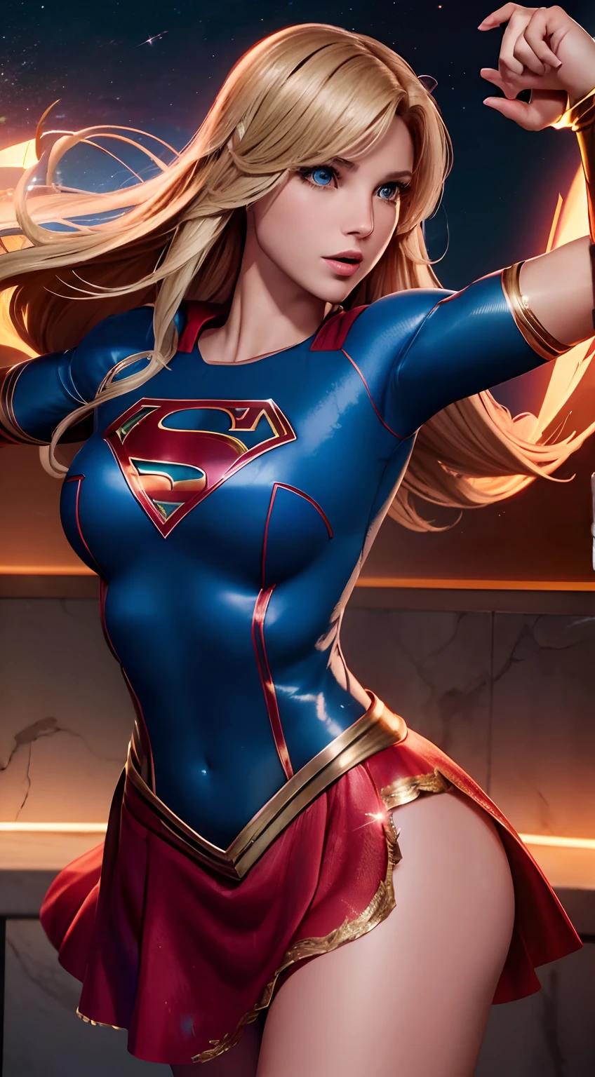 alta qualidade cinematográfica, fotografia profissional, cena de fantasia, Supergirl parando um míssil, supergirl usa terno preto e dourado, terno sexy,com uma camada flutuante e um "s" No peito. Totalmente sexy em pose dinâmica sensual, Fantasia Sexy Supergirl .